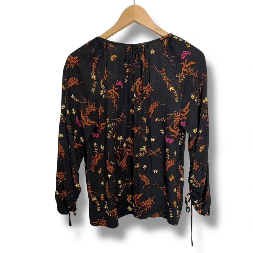 POINT SUR Black Floral Print‎ V Neck Long Sleeve Gathered Cuff Blouse Women's M